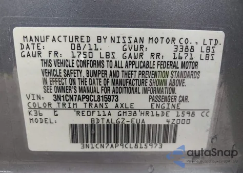 2012 Nissan Versa 1.6 Sl z USA, uszkodzony, nr VIN 3N1CN7AP9CL815973